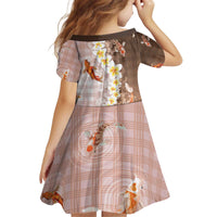 Hawaii And Japan Kid Short Sleeve Dress Plumeria Lei With Koi Fish Beige - Polynesian Pride