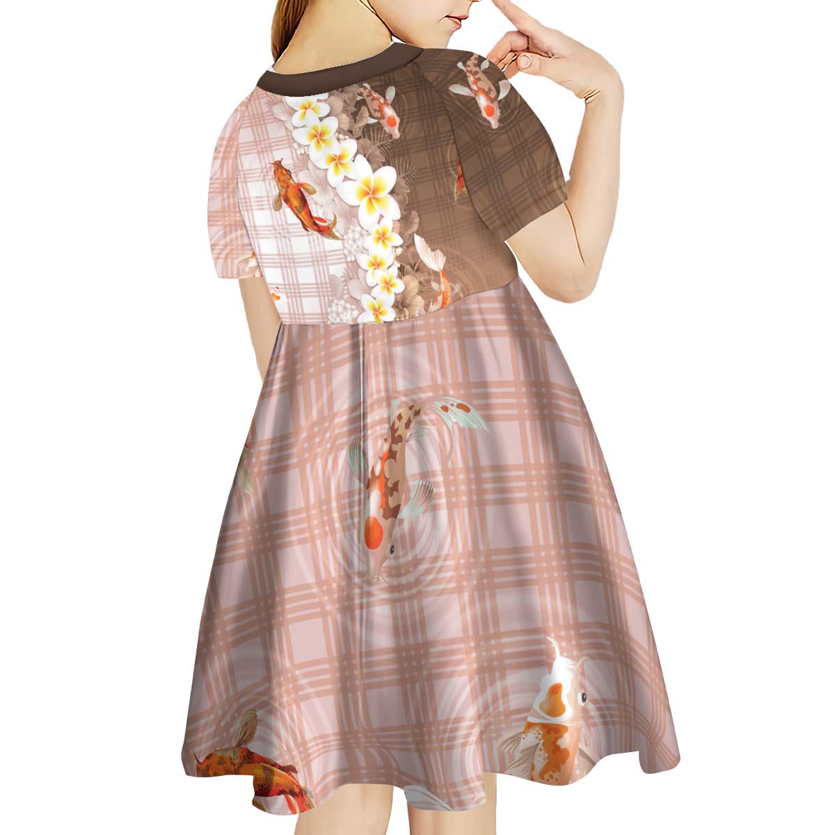 Hawaii And Japan Kid Short Sleeve Dress Plumeria Lei With Koi Fish Beige - Polynesian Pride