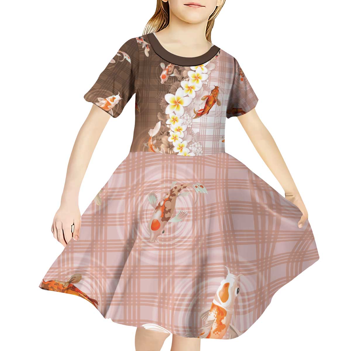 Hawaii And Japan Kid Short Sleeve Dress Plumeria Lei With Koi Fish Beige - Polynesian Pride