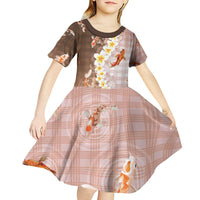 Hawaii And Japan Kid Short Sleeve Dress Plumeria Lei With Koi Fish Beige - Polynesian Pride