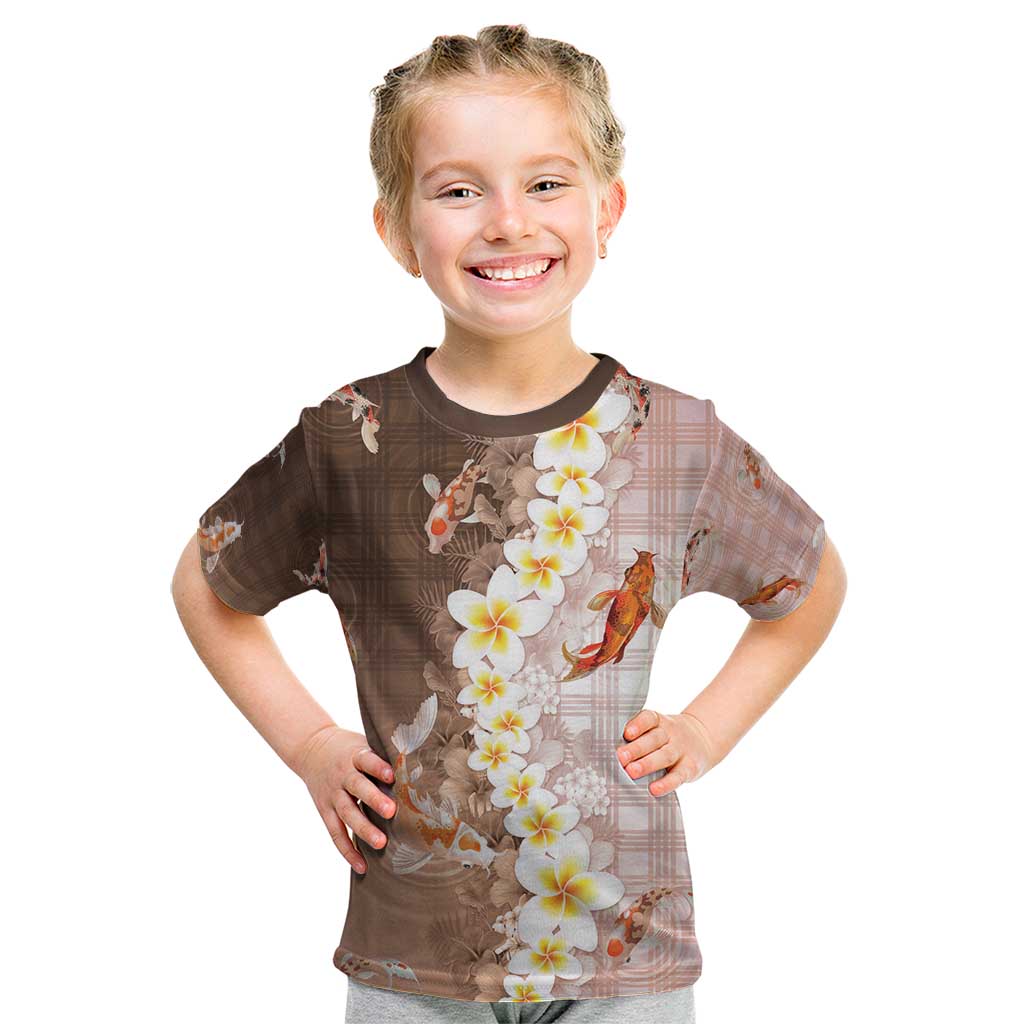 Hawaii And Japan Kid T Shirt Plumeria Lei With Koi Fish Beige - Polynesian Pride