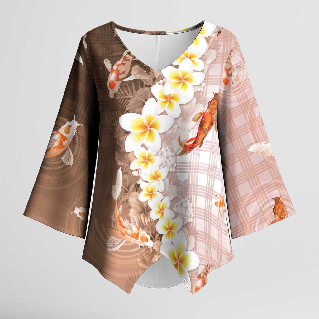 Hawaii And Japan Kimono Sleeve Blouse Plumeria Lei With Koi Fish Beige - Polynesian Pride