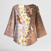 Hawaii And Japan Kimono Sleeve Blouse Plumeria Lei With Koi Fish Beige - Polynesian Pride