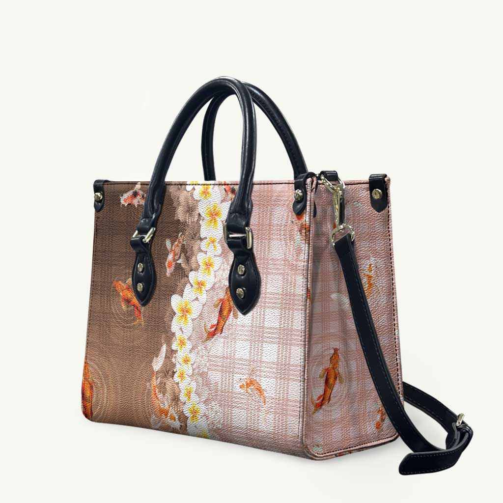 Hawaii And Japan Leather Bag Plumeria Lei With Koi Fish Beige - Polynesian Pride