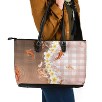 Hawaii And Japan Leather Tote Bag Plumeria Lei With Koi Fish Beige - Polynesian Pride
