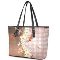 Hawaii And Japan Leather Tote Bag Plumeria Lei With Koi Fish Beige - Polynesian Pride