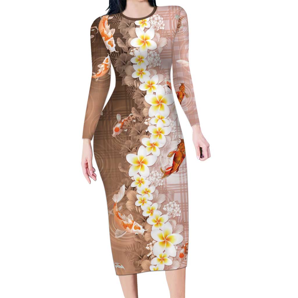 Hawaii And Japan Long Sleeve Bodycon Dress Plumeria Lei With Koi Fish Beige - Polynesian Pride
