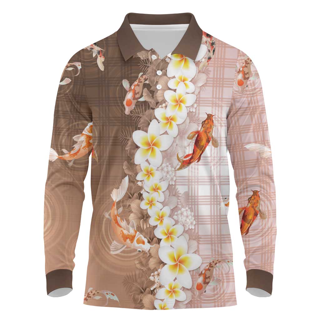 Hawaii And Japan Long Sleeve Polo Shirt Plumeria Lei With Koi Fish Beige - Polynesian Pride