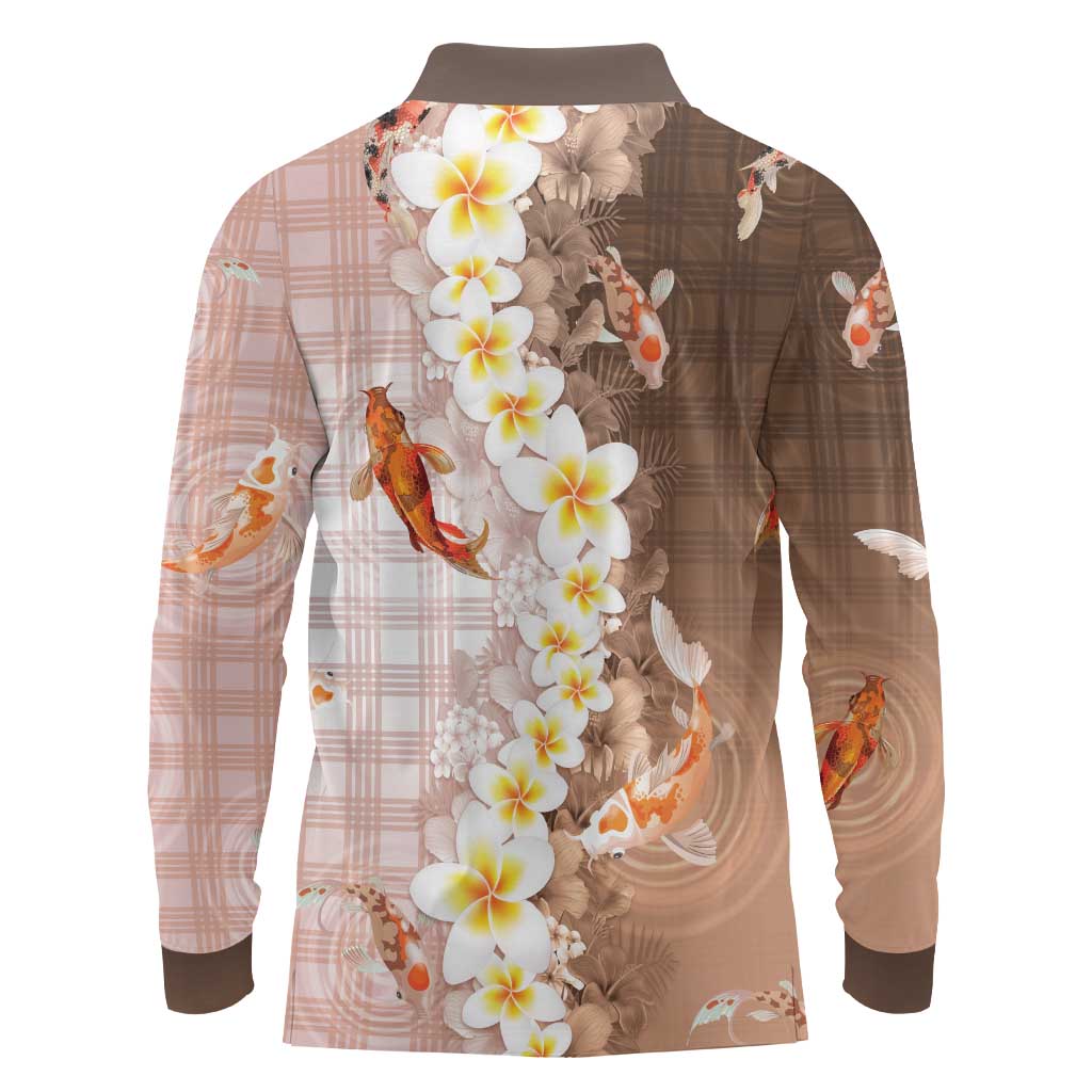 Hawaii And Japan Long Sleeve Polo Shirt Plumeria Lei With Koi Fish Beige - Polynesian Pride