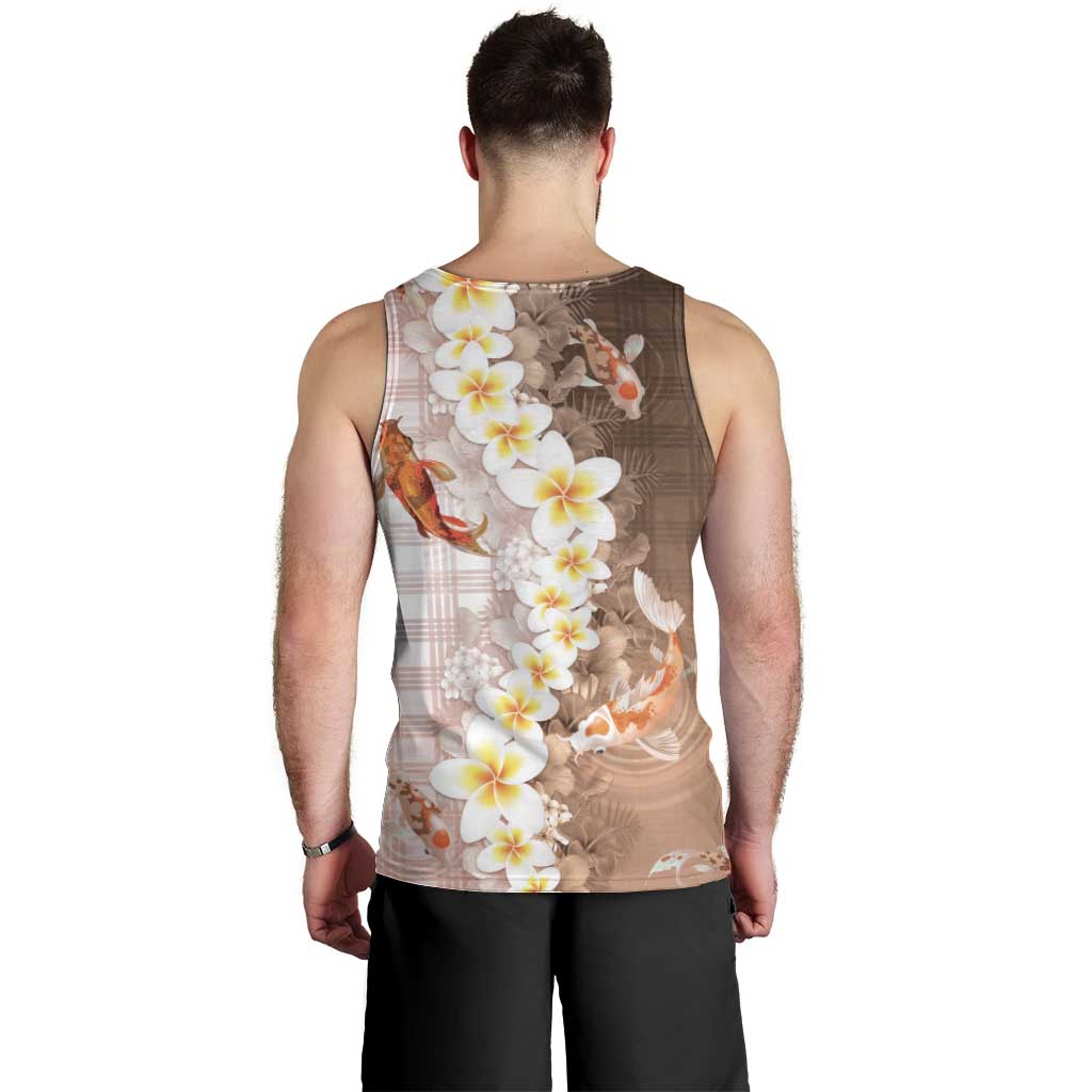 Hawaii And Japan Men Tank Top Plumeria Lei With Koi Fish Beige - Polynesian Pride