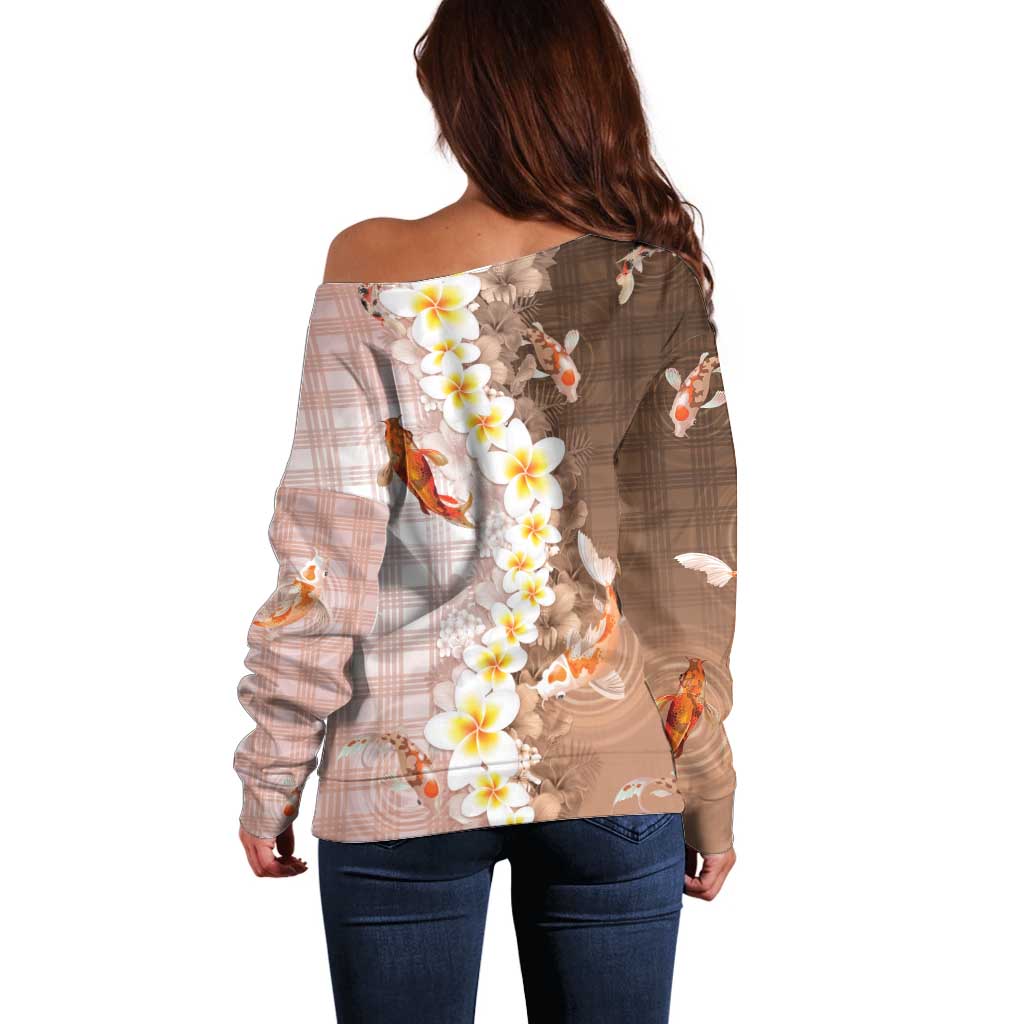 Hawaii And Japan Off Shoulder Sweater Plumeria Lei With Koi Fish Beige - Polynesian Pride