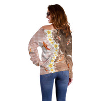 Hawaii And Japan Off Shoulder Sweater Plumeria Lei With Koi Fish Beige - Polynesian Pride