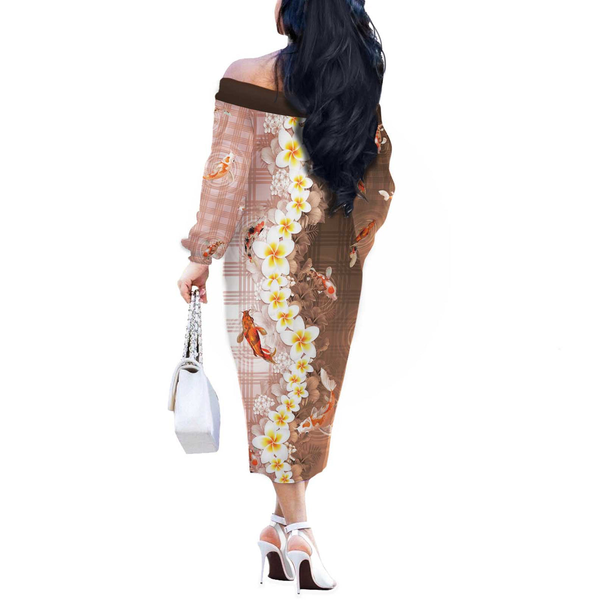 Hawaii And Japan Off The Shoulder Long Sleeve Dress Plumeria Lei With Koi Fish Beige - Polynesian Pride