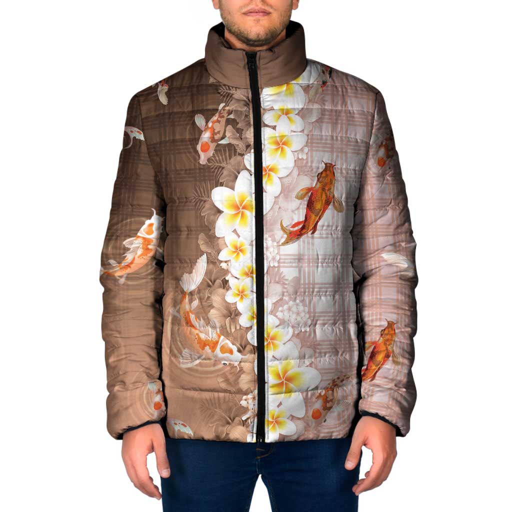 Hawaii And Japan Padded Jacket Plumeria Lei With Koi Fish Beige - Polynesian Pride