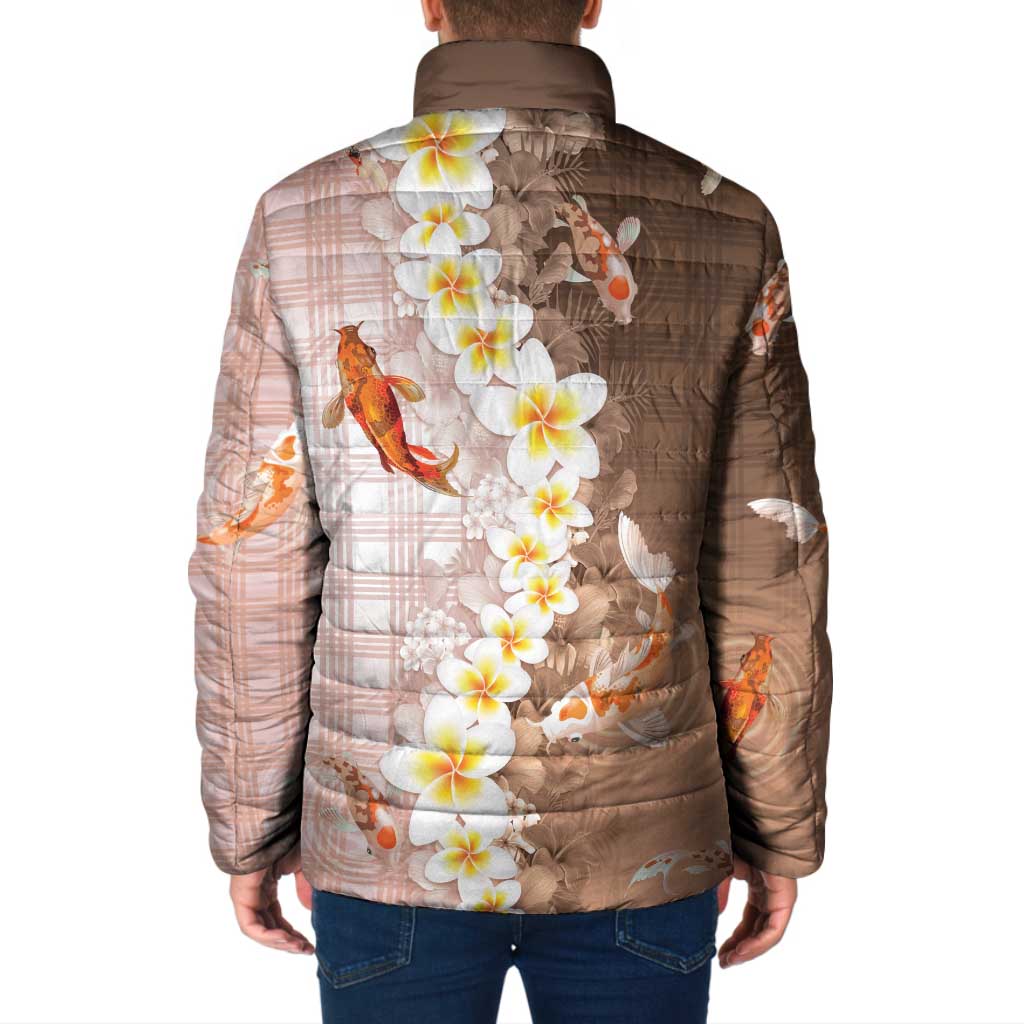 Hawaii And Japan Padded Jacket Plumeria Lei With Koi Fish Beige - Polynesian Pride