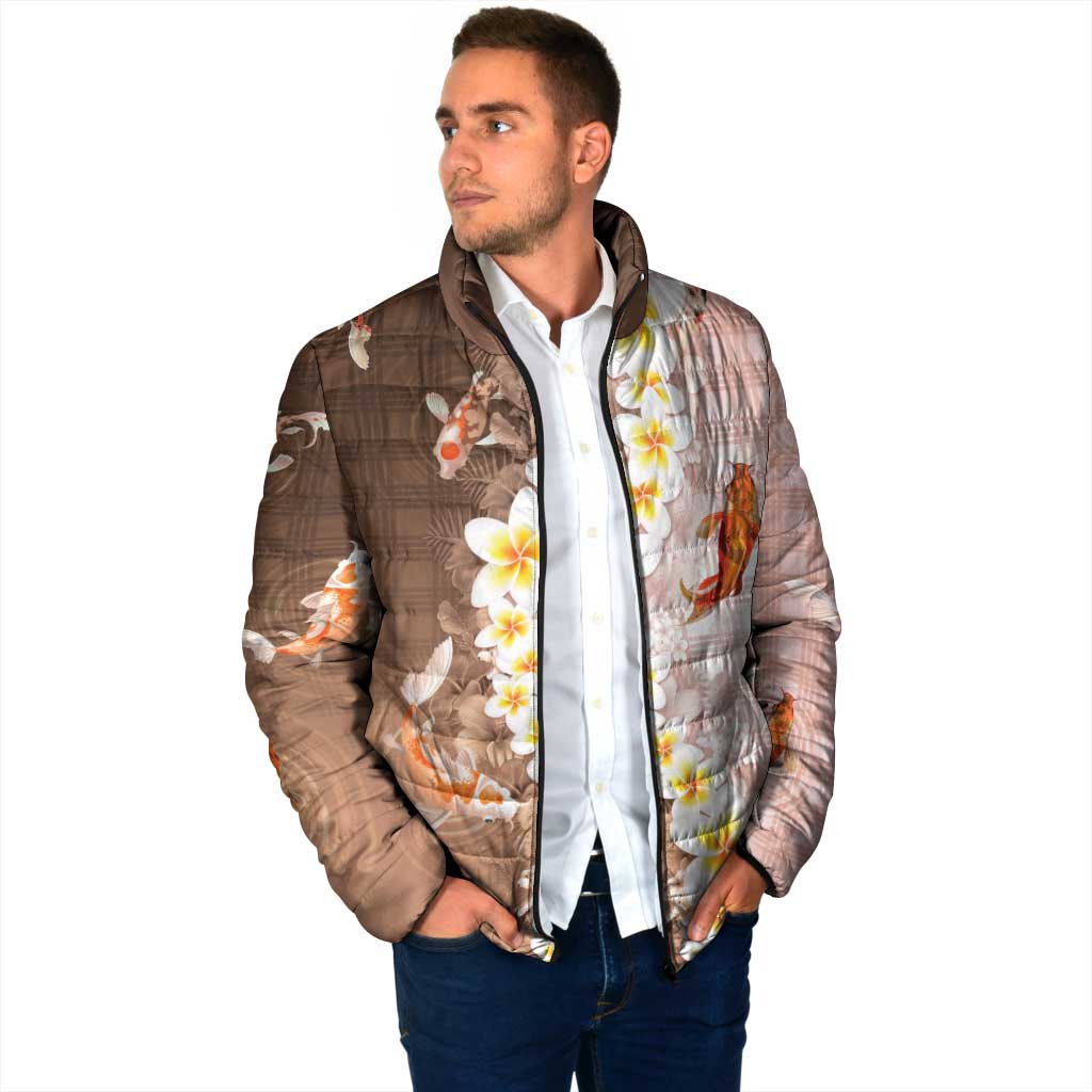 Hawaii And Japan Padded Jacket Plumeria Lei With Koi Fish Beige - Polynesian Pride