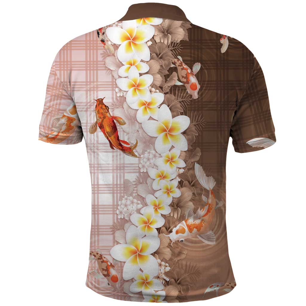 Hawaii And Japan Polo Shirt Plumeria Lei With Koi Fish Beige - Polynesian Pride