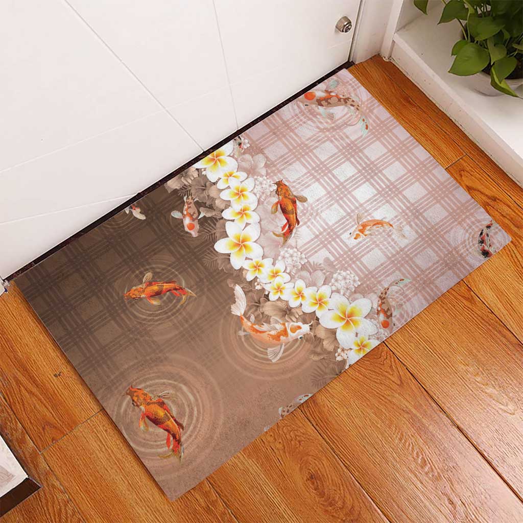 Hawaii And Japan Rubber Doormat Plumeria Lei With Koi Fish Beige - Polynesian Pride