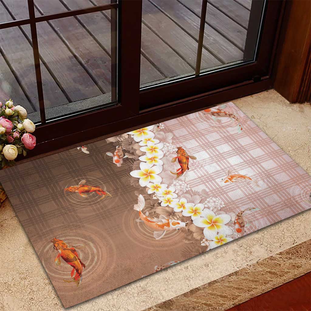 Hawaii And Japan Rubber Doormat Plumeria Lei With Koi Fish Beige - Polynesian Pride