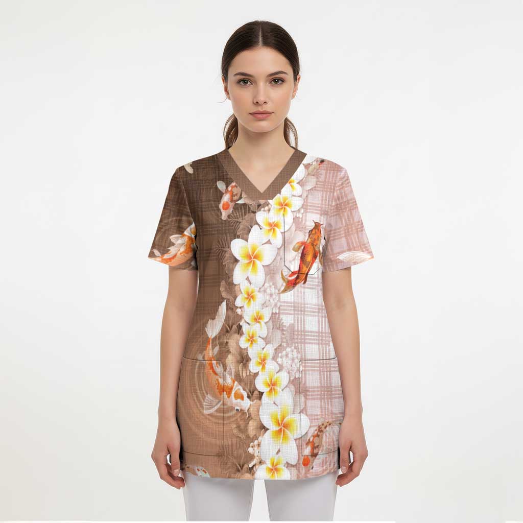Hawaii And Japan Scrub Top Plumeria Lei With Koi Fish Beige - Polynesian Pride