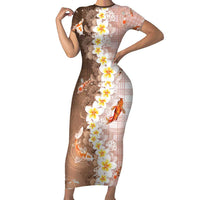 Hawaii And Japan Short Sleeve Bodycon Dress Plumeria Lei With Koi Fish Beige - Polynesian Pride