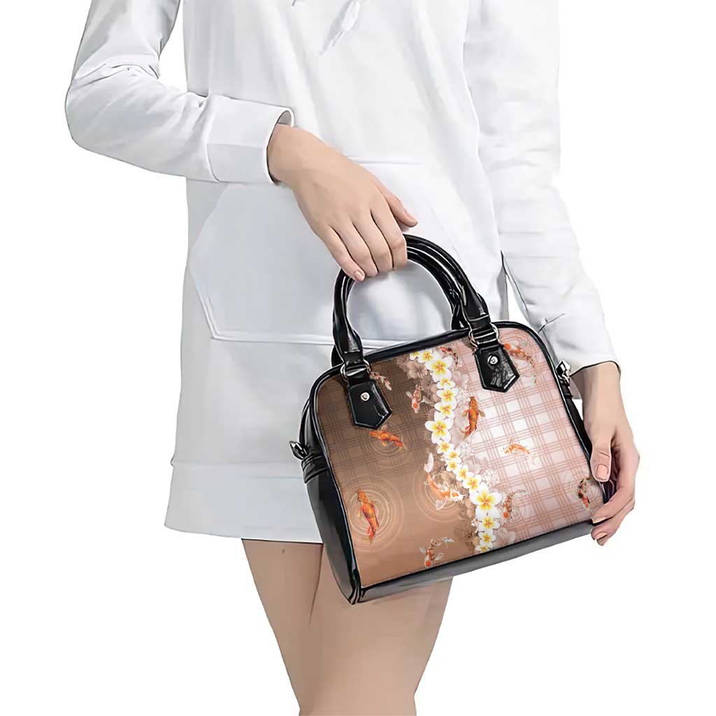 Hawaii And Japan Shoulder Handbag Plumeria Lei With Koi Fish Beige - Polynesian Pride