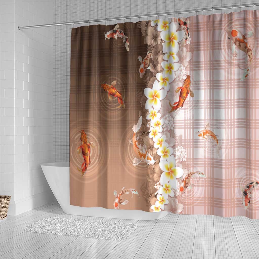 Hawaii And Japan Shower Curtain Plumeria Lei With Koi Fish Beige - Polynesian Pride