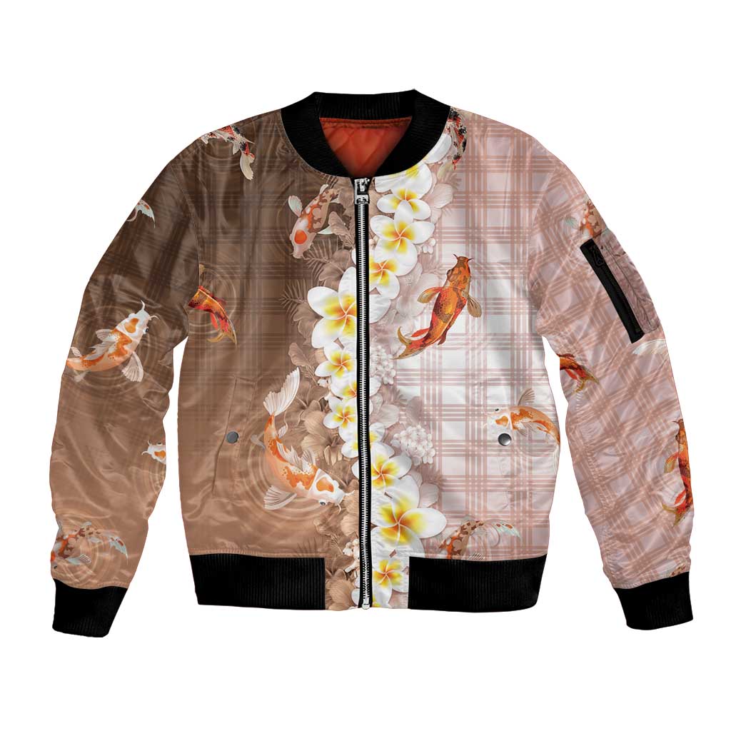 Hawaii And Japan Sleeve Zip Bomber Jacket Plumeria Lei With Koi Fish Beige - Polynesian Pride