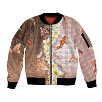 Hawaii And Japan Sleeve Zip Bomber Jacket Plumeria Lei With Koi Fish Beige - Polynesian Pride