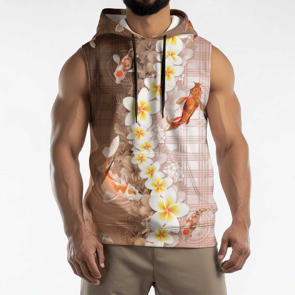 Hawaii And Japan Sleeveless Hoodie Plumeria Lei With Koi Fish Beige - Polynesian Pride