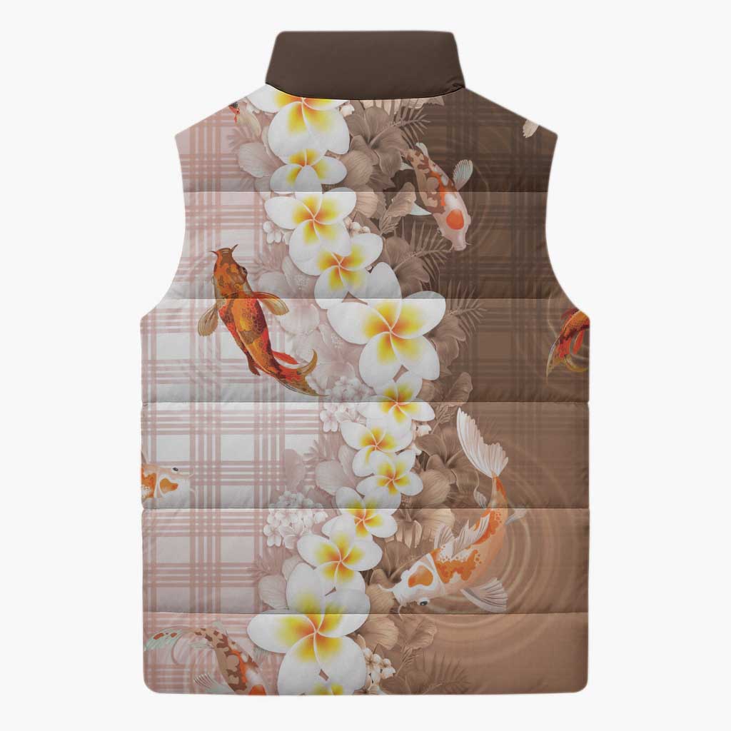 Hawaii And Japan Sleeveless Puffer Jacket Plumeria Lei With Koi Fish Beige - Polynesian Pride