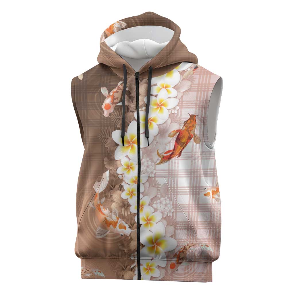 Hawaii And Japan Sleeveless Zip Hoodie Plumeria Lei With Koi Fish Beige - Polynesian Pride