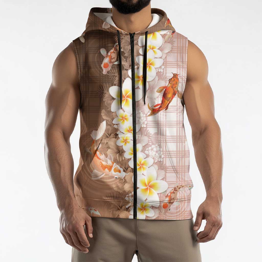 Hawaii And Japan Sleeveless Zip Hoodie Plumeria Lei With Koi Fish Beige - Polynesian Pride