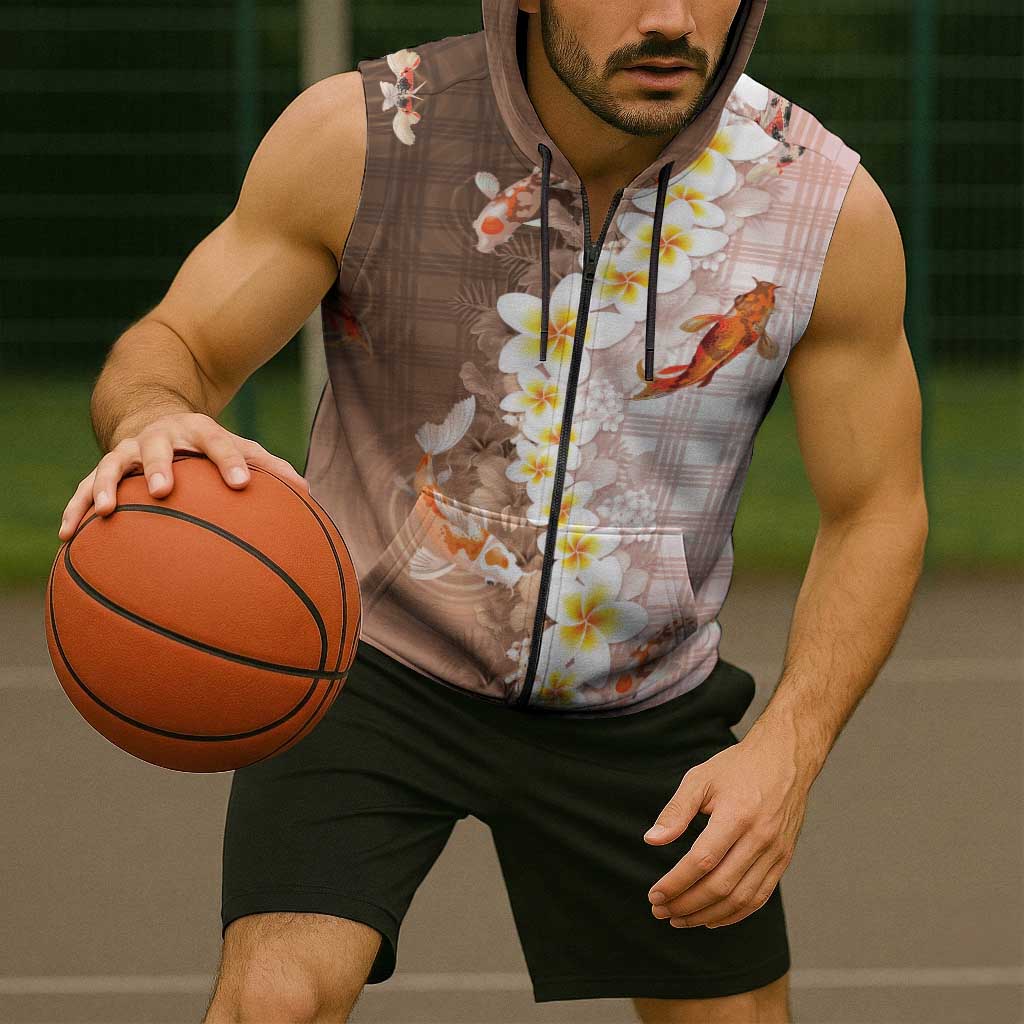 Hawaii And Japan Sleeveless Zip Hoodie Plumeria Lei With Koi Fish Beige - Polynesian Pride