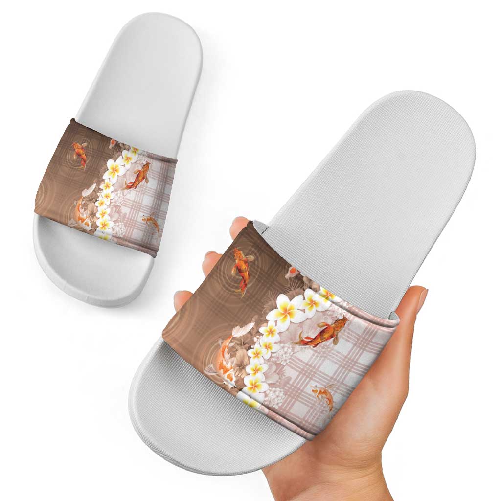 Hawaii And Japan Slide Sandals Plumeria Lei With Koi Fish Beige - Polynesian Pride