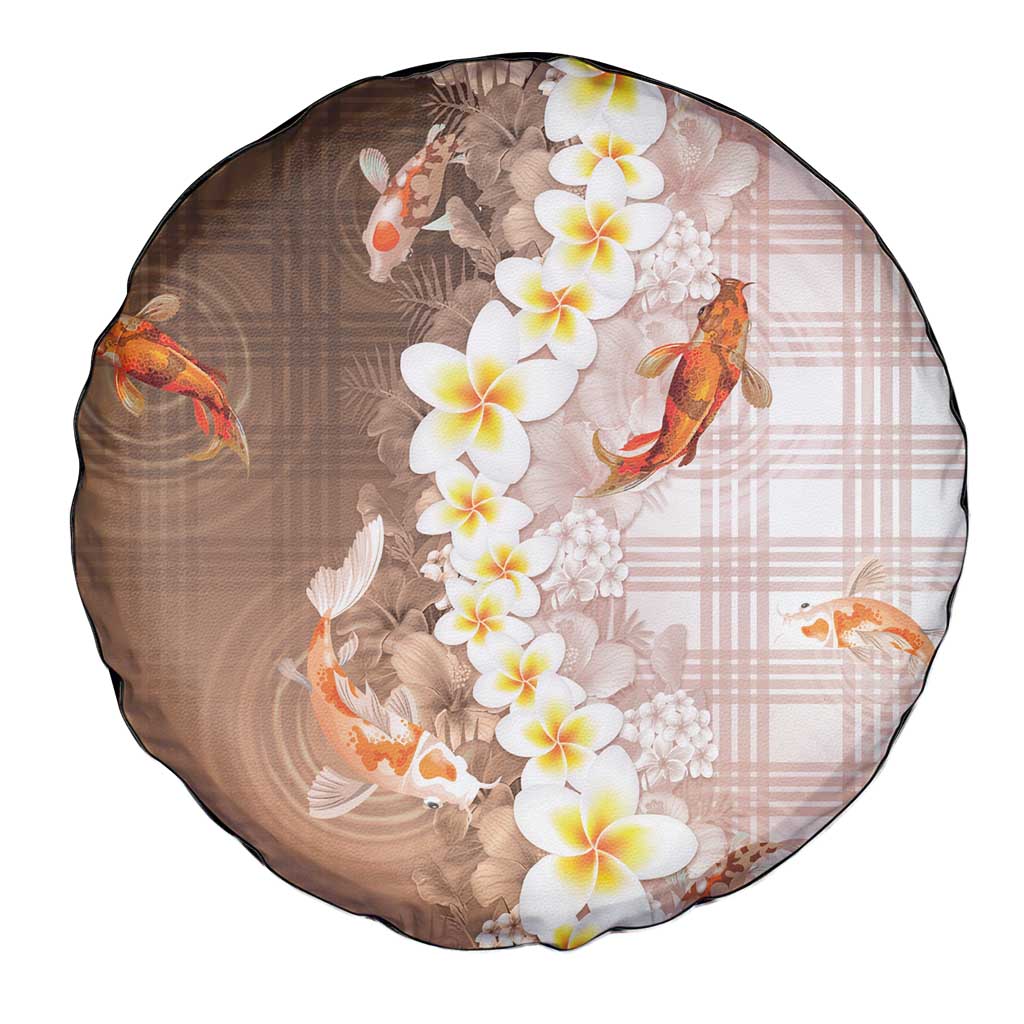 Hawaii And Japan Spare Tire Cover Plumeria Lei With Koi Fish Beige - Polynesian Pride
