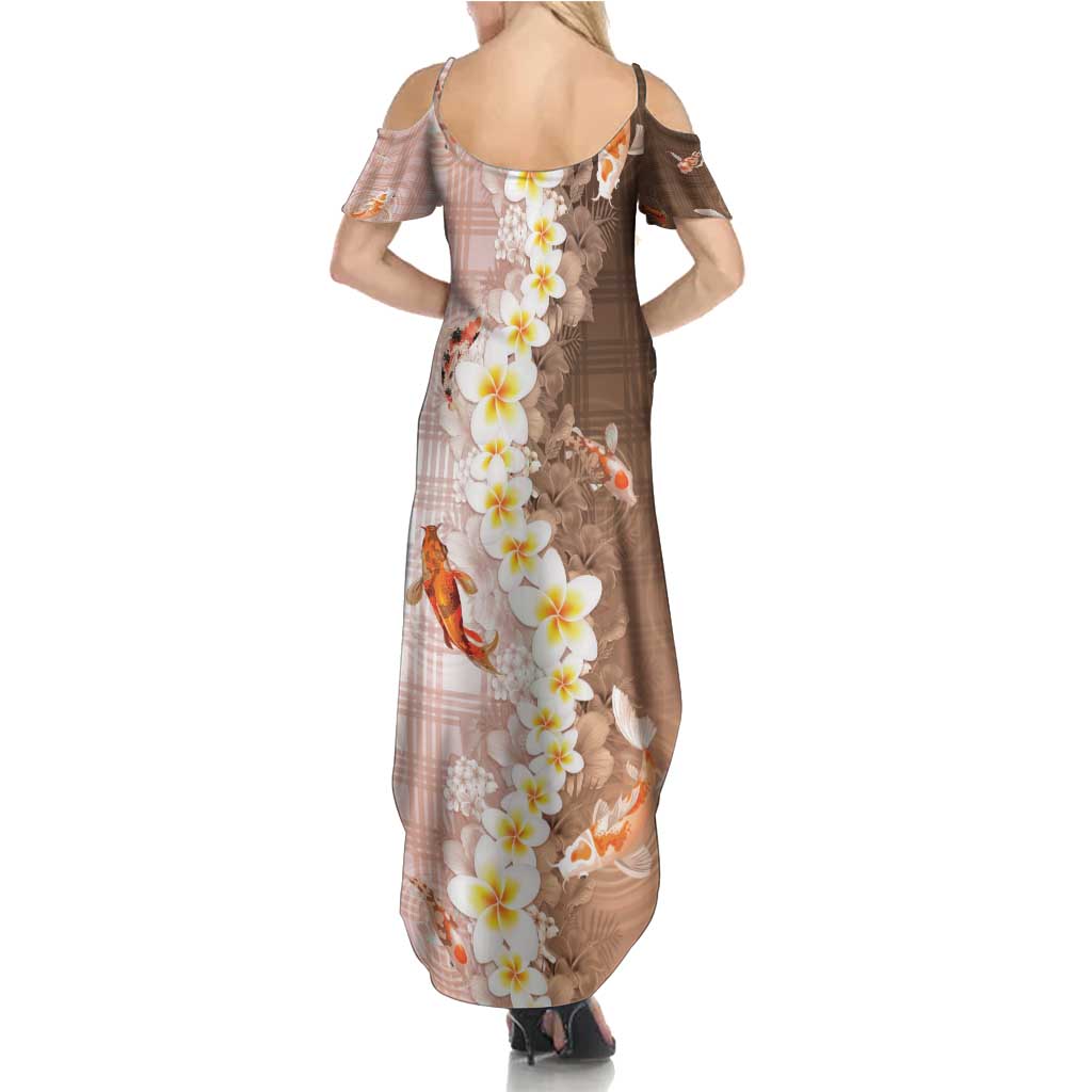 Hawaii And Japan Summer Maxi Dress Plumeria Lei With Koi Fish Beige - Polynesian Pride
