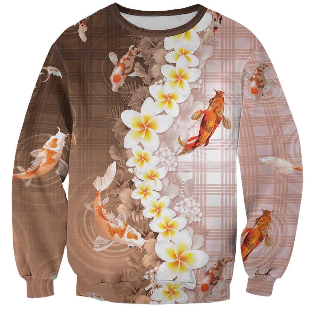 Hawaii And Japan Sweatshirt Plumeria Lei With Koi Fish Beige - Polynesian Pride