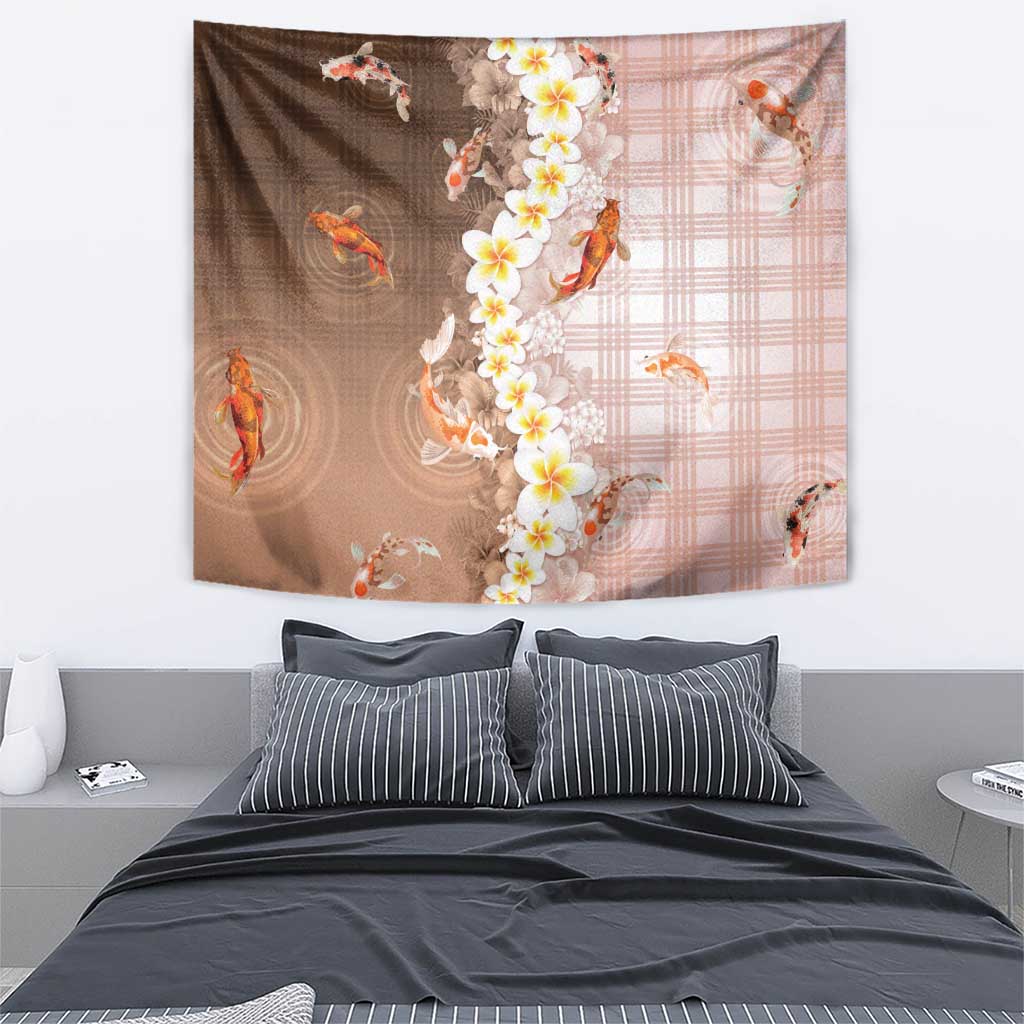 Hawaii And Japan Tapestry Plumeria Lei With Koi Fish Beige - Polynesian Pride