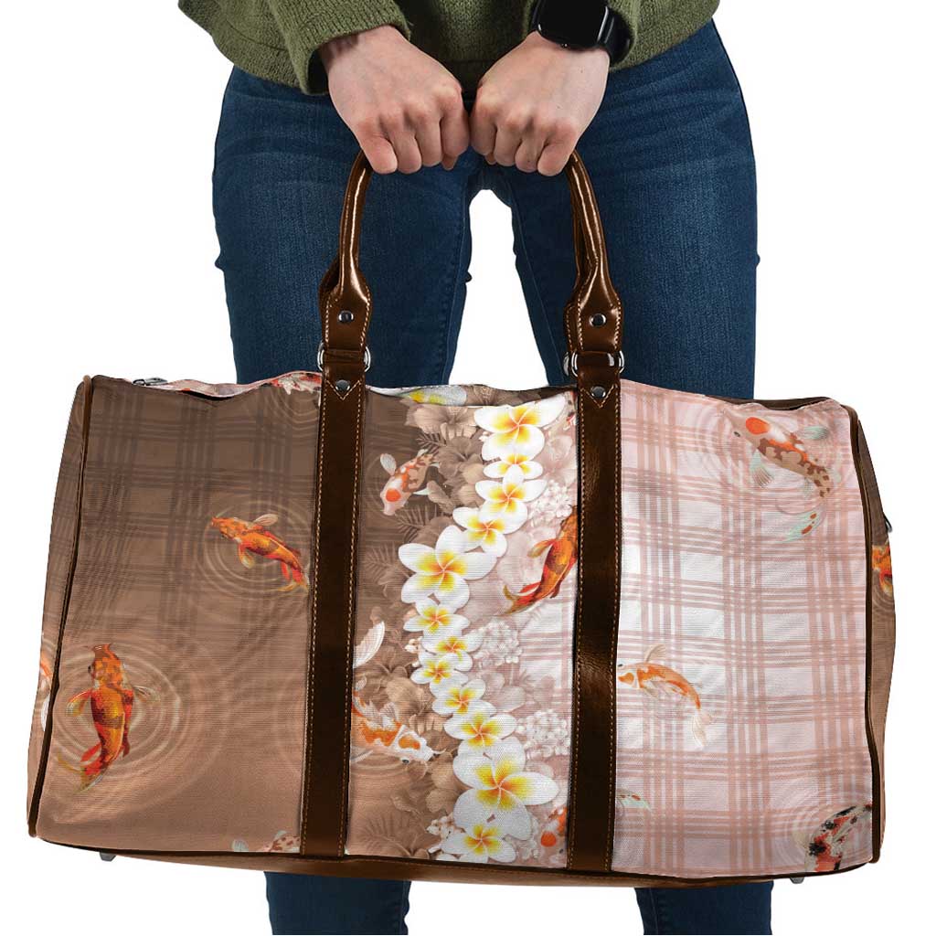 Hawaii And Japan Travel Bag Plumeria Lei With Koi Fish Beige - Polynesian Pride