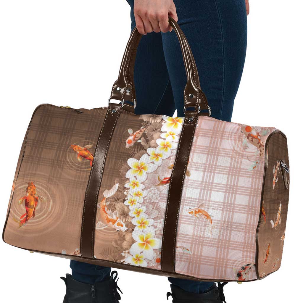 Hawaii And Japan Travel Bag Plumeria Lei With Koi Fish Beige - Polynesian Pride