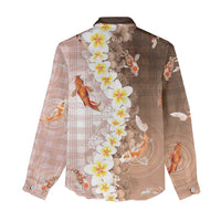 Hawaii And Japan Women Casual Shirt Plumeria Lei With Koi Fish Beige - Polynesian Pride