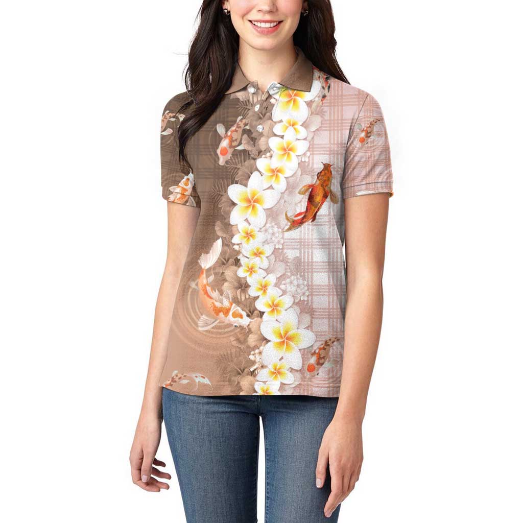 Hawaii And Japan Women Polo Shirt Plumeria Lei With Koi Fish Beige - Polynesian Pride
