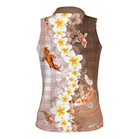 Hawaii And Japan Women Sleeveless Polo Shirt Plumeria Lei With Koi Fish Beige - Polynesian Pride
