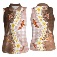 Hawaii And Japan Women Sleeveless Polo Shirt Plumeria Lei With Koi Fish Beige - Polynesian Pride