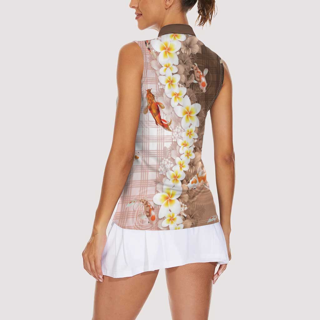 Hawaii And Japan Women Sleeveless Polo Shirt Plumeria Lei With Koi Fish Beige - Polynesian Pride