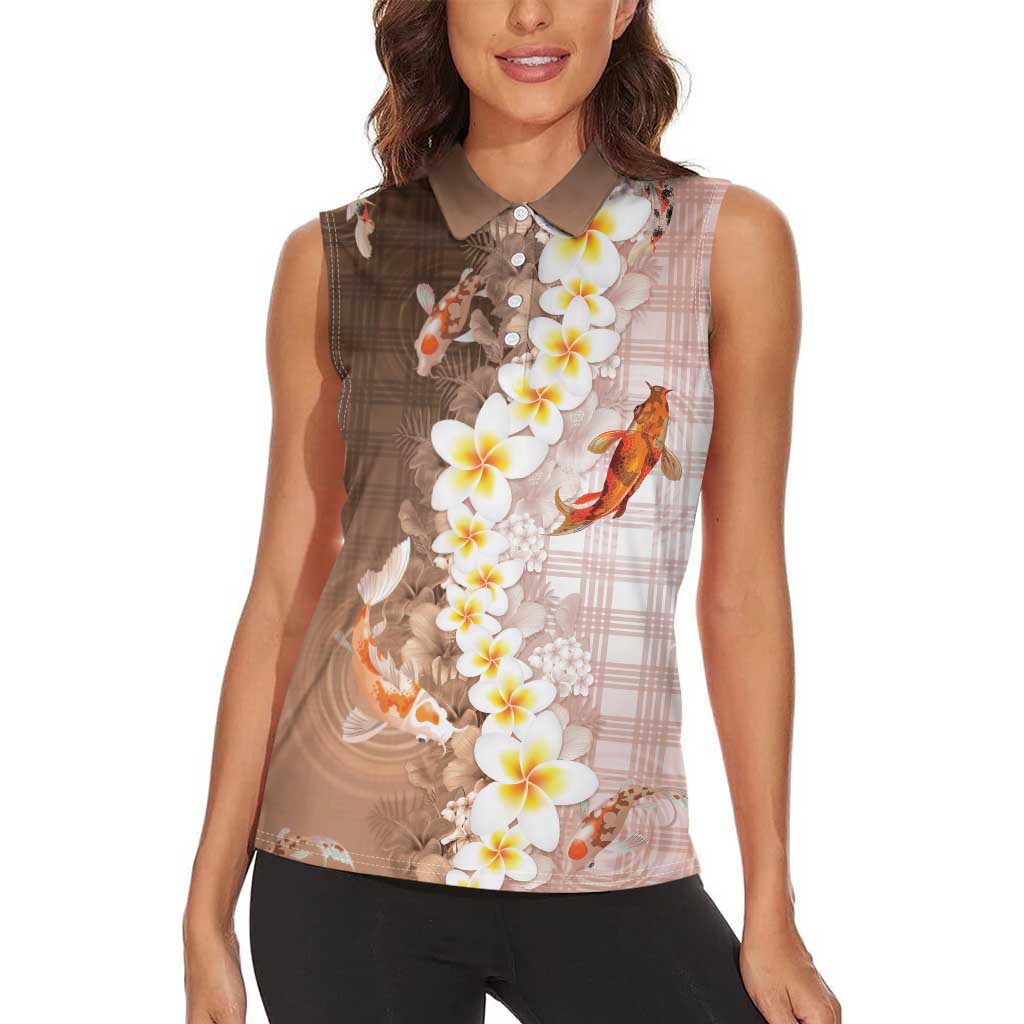 Hawaii And Japan Women Sleeveless Polo Shirt Plumeria Lei With Koi Fish Beige - Polynesian Pride