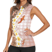 Hawaii And Japan Women Sleeveless Polo Shirt Plumeria Lei With Koi Fish Beige - Polynesian Pride
