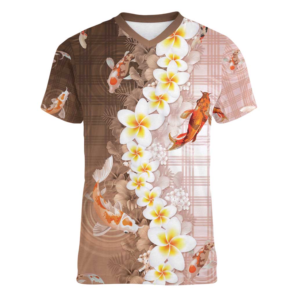 Hawaii And Japan Women V-Neck T-Shirt Plumeria Lei With Koi Fish Beige - Polynesian Pride