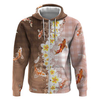 Hawaii And Japan Zip Hoodie Plumeria Lei With Koi Fish Beige - Polynesian Pride